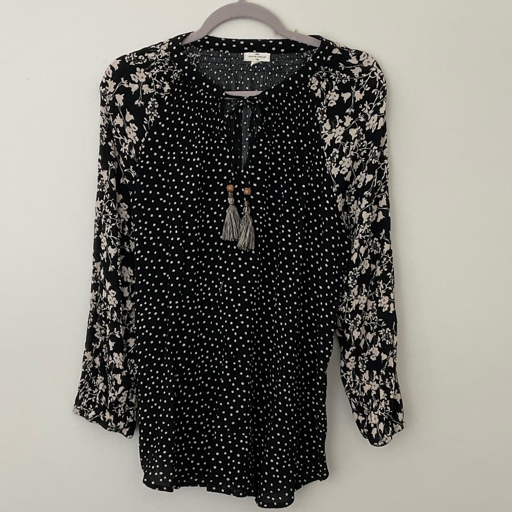 Mason & Belle Black and Off-White Boho Peasant Blouse 3/4 Sleeves Size XL